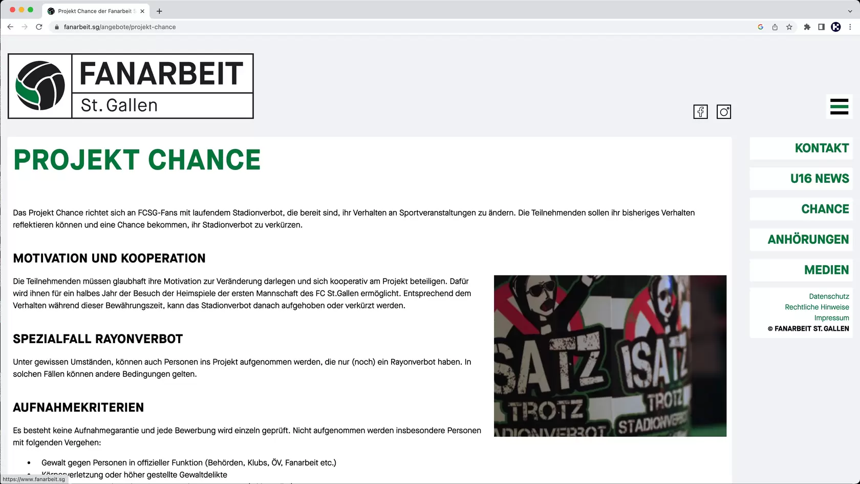 Printscreen Umsetzung Website fanarbeit.sg