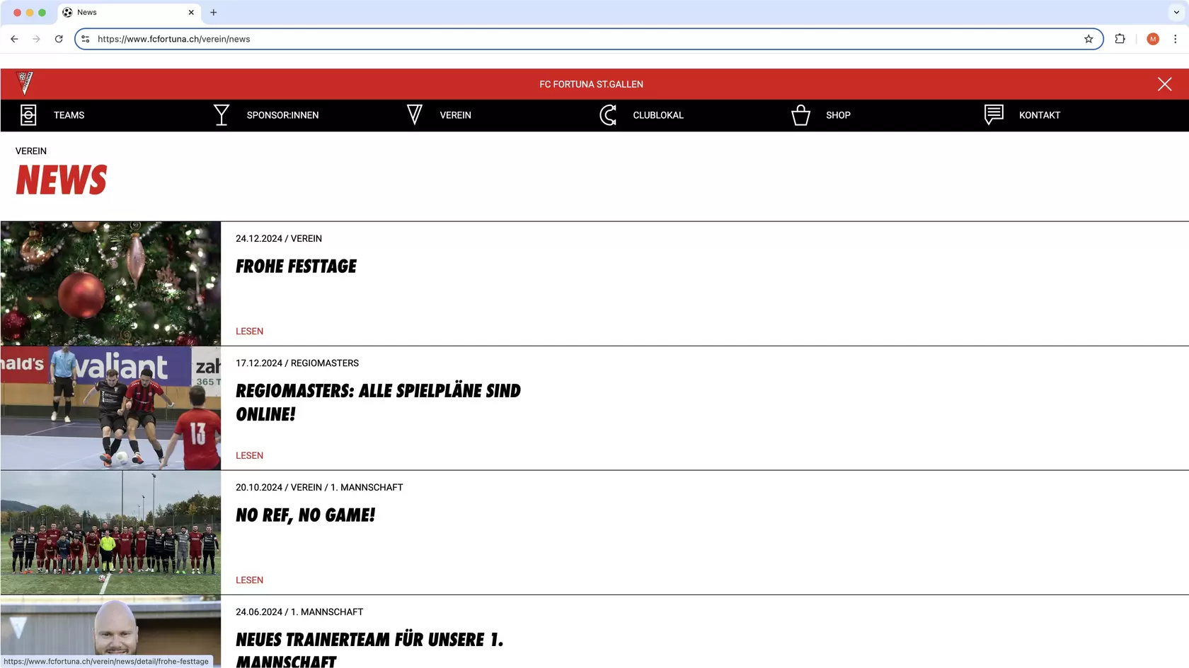 Printscreen Umsetzung Website fcfortuna.ch